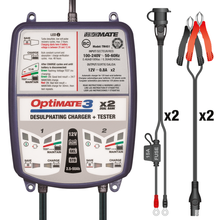 OptiMATE 3 Dual Bank, TM-451, 7-step 2x12V 0.8A Sealed Battery Saving Charger & Maintainer