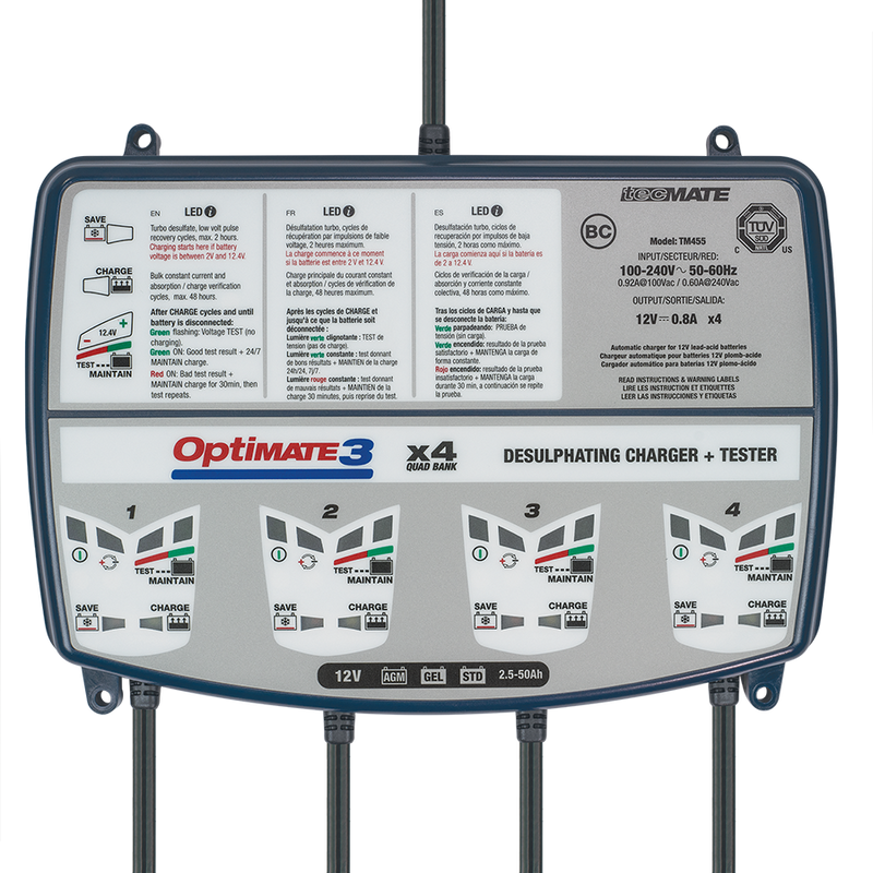 OptiMATE 3 x 4 BANK, TM-455, 4-bank x 7-step 12V 0.8A Battery Saving Charger-Tester-Maintainer