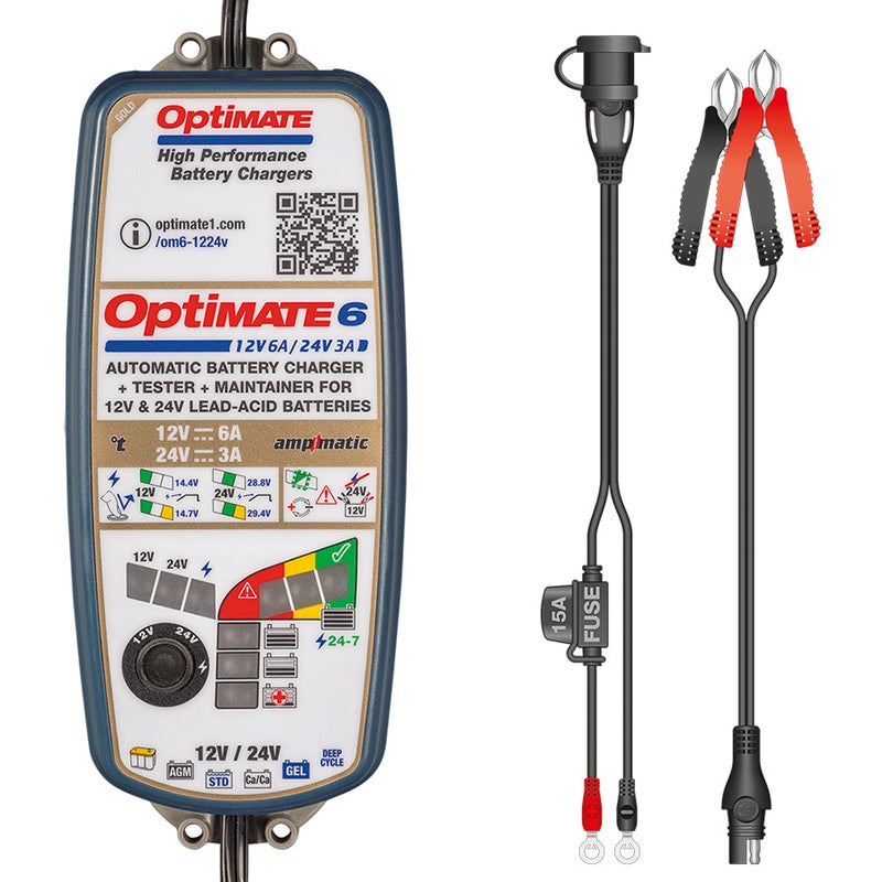 OptiMATE 6 12V/24V - 12V 6A / 24V 3A, Model TM381, Gold Series High Performance Battery Charger & Maintainer for Deep Cycle Batteries