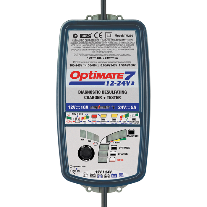 OptiMATE 7 12V-24V, TM-261, 8-step 12V-10Amp / 24V-5Amp Battery Saving Charger-Tester-Maintainer