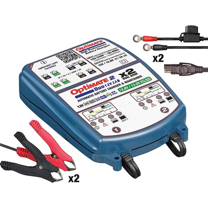 OptiMate 2 DUO x 2 Bank, TM-571, Bronze Series: 5-Step 2X 12V / 12.8V 2A Sealed Battery Charger & Maintainer