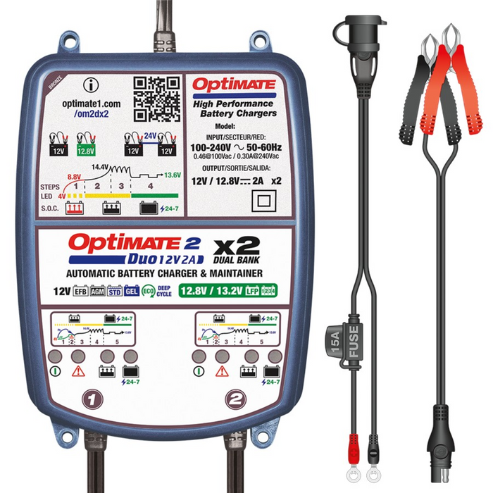 OptiMate 2 DUO x 2 Bank, TM-571, Bronze Series: 5-Step 2X 12V / 12.8V 2A Sealed Battery Charger & Maintainer