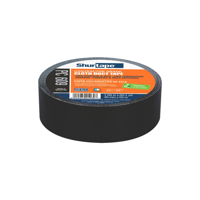 Shurtape PC 609 General Purpose Cloth Duct Tape, Black, 48mm x 55m, Case of 24 rolls