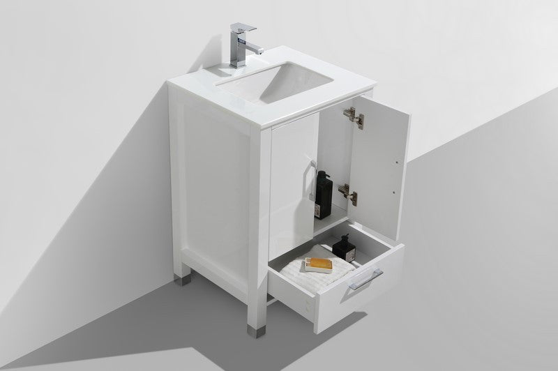 KubeBath Anziano 24" Gloss White Freestanding Vanity w/ Quartz Countertop and Undermount Sink