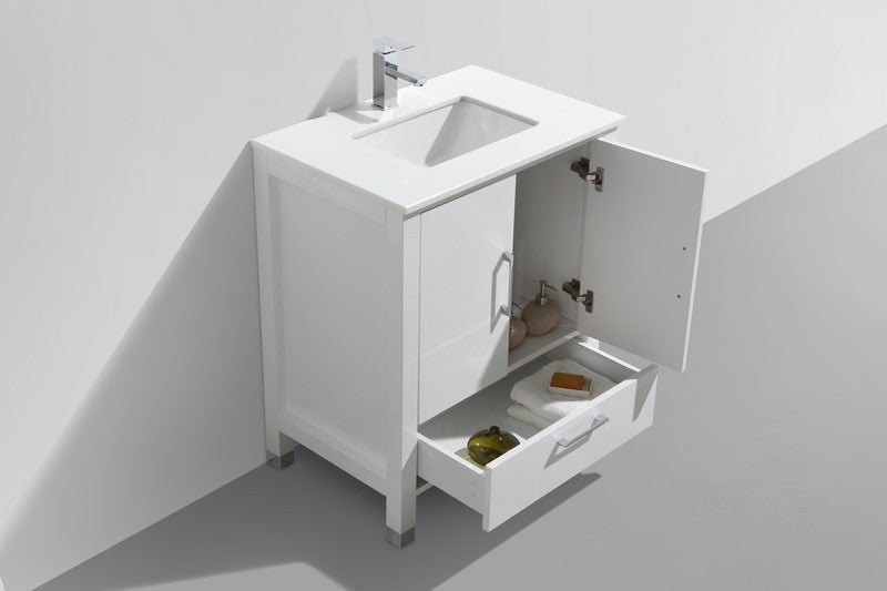 KubeBath Anziano 30" Gloss White Freestanding Vanity w/ Quartz Countertop and Undermount Sink