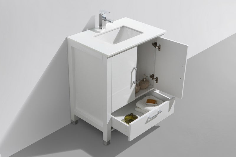 KubeBath Anziano 30" Gloss White Vanity w/ Quartz Countertop and Undermount Sink