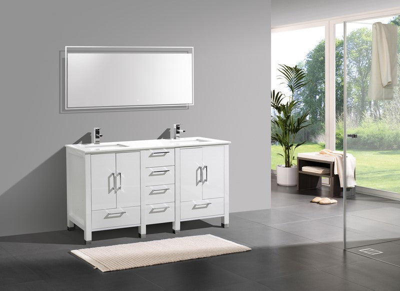 KubeBath Anziano 60" Gloss White Freestanding Double Sink Vanity w/ Quartz Countertop