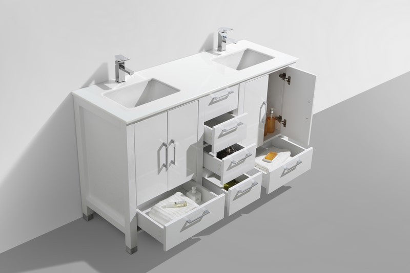 KubeBath Anziano 60" Gloss White Freestanding Double Sink Vanity w/ Quartz Countertop